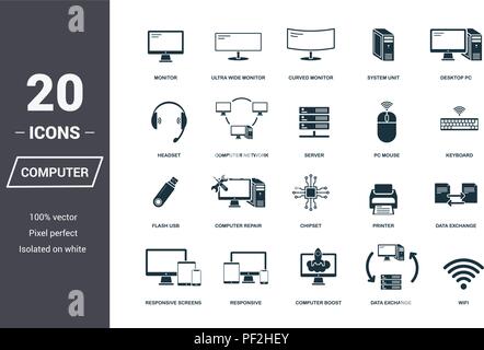 Icone del computer impostata. Qualità Premium collezione di simboli. Icona Computer impostare semplici elementi. Pronto per l'uso nella progettazione web, applicazioni software, stampare Illustrazione Vettoriale