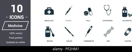 Medicina set di icone. Qualità Premium collezione di simboli. Medicina icon set di elementi semplici. Pronto per l'uso nella progettazione web, applicazioni software, stampare Illustrazione Vettoriale