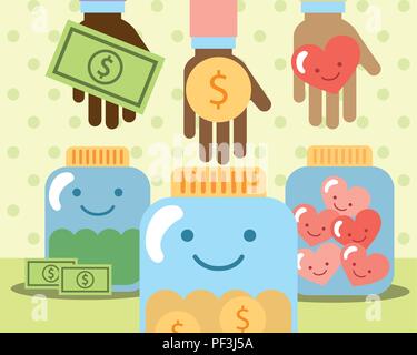 Mani con cuore di denaro nel vaso di carità di vetro Illustrazione Vettoriale