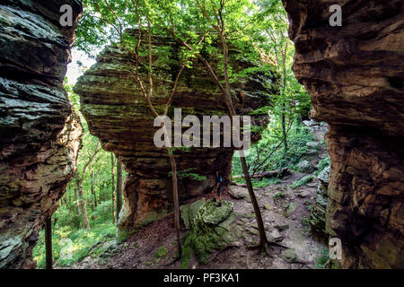 Persona in piedi accanto a grandi roccia arenaria formazione - Indian Point Trail - Il Giardino degli dèi, Shawnee National Forest, Illinois, Stati Uniti d'America Foto Stock