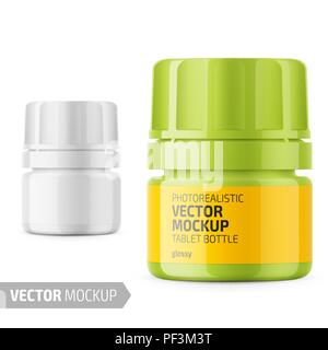 Bianco lucido bottiglia di plastica con tappo a vite per la medicina, compresse, pillole. Foto realistiche di vettore di confezionamento mockup modello con disegno di campionamento. Illustrazione Vettoriale
