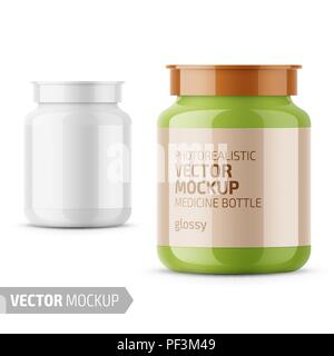 Bianco lucido bottiglia di medicina con coperchio a scatto per compresse, pillole, droga. Foto realistiche di vettore di confezionamento mockup modello con disegno di campionamento. Illustrazione Vettoriale