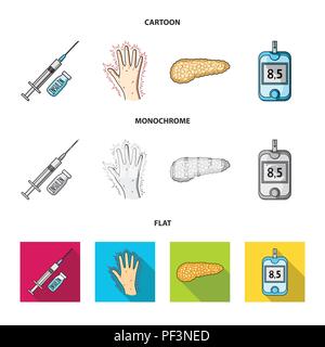 Siringa da insulina, pancreas, glucometro, mano diabetica. Diabet set di icone di raccolta in cartoon,appartamento,monocromatico vettore stile simbolo illustrati stock Illustrazione Vettoriale