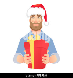Imprenditore della Santa Claus hat. Uomo con red presente casella. Mani confezione regalo con archetto Foto Stock