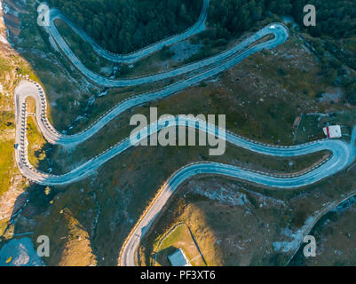 Antenna: vista dall'alto in basso tailspin su strada di montagna sulle Alpi italiane, attraversando il verde prato e pascolo nella valle alpina, avventura viaggio su strada Foto Stock