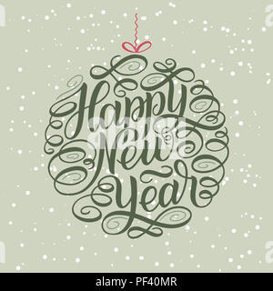 Felice Anno Nuovo, scritte Greeting Card cerchio design frame di testo, testo bianco su verde sfondo colorato. illustrazione. Albero di natale di giocattoli e a sfera Foto Stock