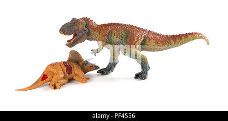 Tirannosauro con un corpo triceratops nelle vicinanze su sfondo bianco Foto Stock