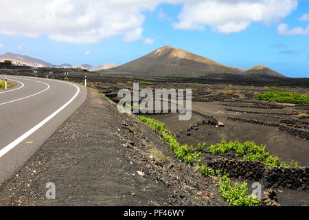 Un paesaggio fantastico di Lanzarote Isola vulcanica con massa nera con i vigneti di La Geria, Isole Canarie, Spagna Foto Stock