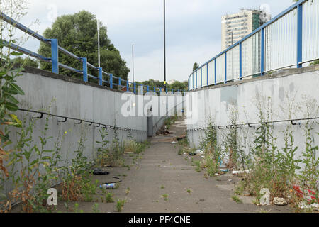 Un trascurato sottopassaggio pedonale situato in all interno della città di Birmingham, UK. Il sentiero è ricoperta da vegetazione e inquinata con lettiera. Foto Stock