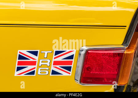 La decalcomania dalla parte posteriore quaterpanel di un'annata 1976 giallo Triumph TR6 closeup. Foto Stock