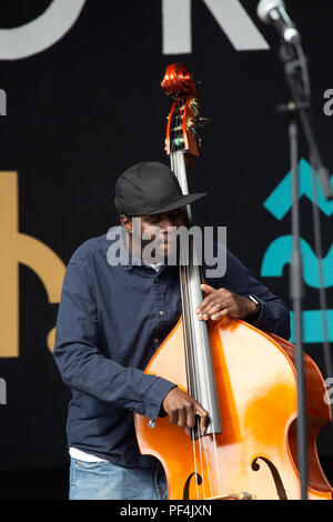 Glanusk Park, Brecon, Galles, 18 agosto 2018. Secondo giorno del festival musicale Green Man nelle Brecon Beacons Mountains in Galles. Nella foto: Il contrabbassista della Nubya Garcia Band Daniel Casimir in azione sul Mountain Stage principale. Crediti: Rob Watkins/Alamy Live News. INFO: Nubya Garcia è una sassofonista e compositrice jazz britannica, celebrata per le sue performance dinamiche e il suo suono innovativo. Emergendo come figura di spicco nella scena jazz contemporanea, il suo acclamato album di debutto "Source" mette in mostra la sua miscela di influenze jazz, reggae e afrobeat. Foto Stock