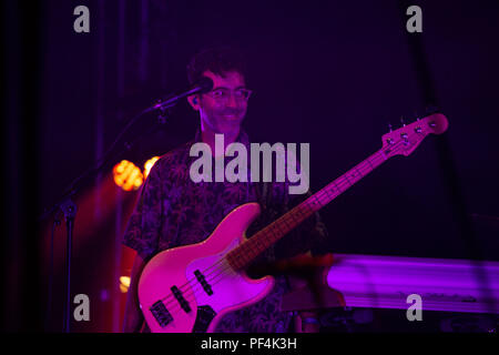 Glanusk Park, Brecon, Galles, 18 agosto 2018. Secondo giorno del festival musicale Green Man nelle Brecon Beacons Mountains in Galles. In foto: Pete Cattermoul della band Teleman suona il far Out Stage. Crediti: Rob Watkins/Alamy Live News Foto Stock