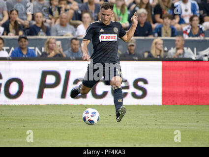 Chester, Pennsylvania, USA. 18 Agosto, 2018. Unione di Philadelphia defender KEEGAN ROSENBERRY(12) in azione contro New York City FC durante la partita a Talen Energy Stadium di Chester PA Credito: Ricky Fitchett/ZUMA filo/Alamy Live News Foto Stock