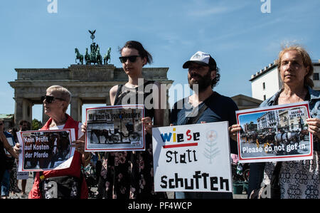 Berlino, Germania. 19 Ago, 2018. Attivisti per i diritti degli animali a stare di fronte alla Porta di Brandeburgo con poster. Circa una cinquantina di attivisti per i diritti degli animali di manifestare contro l'uso di carrozze trainate da cavalli a Berlino. La dimostrazione è stata auspicata dal gruppo di azione di "Fair Play", che funziona contro lo sfruttamento degli animali. Credito: Paolo Zinken/dpa/Alamy Live News Foto Stock