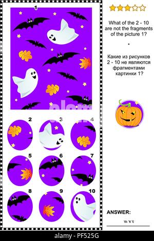 A tema Halloween IQ astratto di formazione visual puzzle: Cosa del 2 - 10 non sono i frammenti di immagine 1? Risposta inclusa. Illustrazione Vettoriale