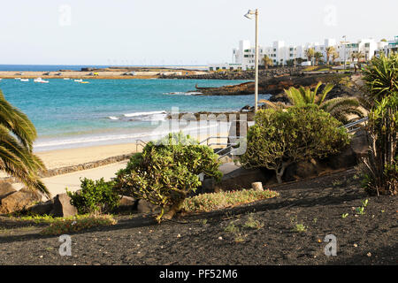 Playa de Las Cucharas beach con vegetazione in nero terra vulcanica, Costa Teguise, Lanzarote Foto Stock