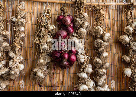 Cipolle e aglio in un mercato in stallo, in Calabria, Italia Foto Stock