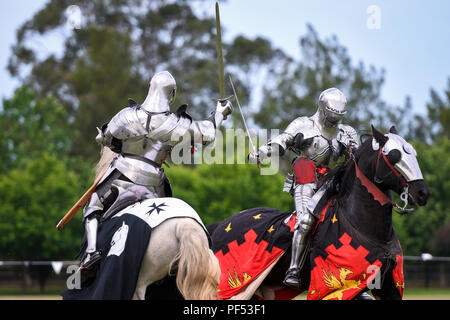 Due cavalieri competere durante la rievocazione della giostra medievale torneo Foto Stock