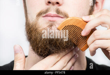 Primo piano di un giovane uomo lo styling della sua lunga barba con un pettine mentre sta in piedi da solo in un monolocale contro uno sfondo bianco Foto Stock