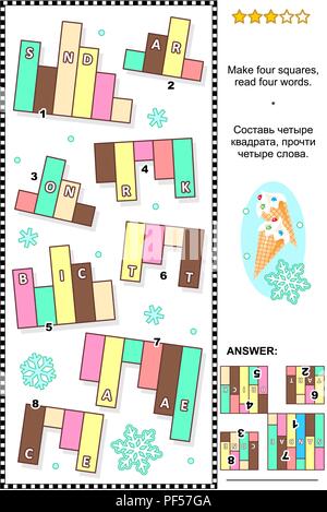 Il gelato in tema di formazione IQ abstract visual parola puzzle (lingua inglese): fare quattro piazze, lettura di quattro parole. Risposta inclusa. Illustrazione Vettoriale