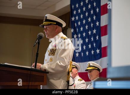 NORFOLK, Virginia (Agosto 10, 2018) Vice Adm. John Alexander, commander, U.S. Terza flotta, offre commento durante la USS Gerald Ford (CVN 78) modifica del comando cerimonia al punto di vista. La modifica del comando cerimonia è un tempo onorata tradizione navale in cui il trasferimento di responsabilità, autorità e responsabilità avviene da un individuo ad un altro individuo. (U.S. Foto di Marina di Massa lo specialista di comunicazione 2a classe Cat Campbell) Foto Stock