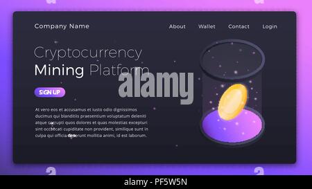 Cryptocurrency Mining. Illustrazione isometrica della Cryptocurrency Online piattaforma di data mining. Crypto industria mineraria concetto. Illustrazione Vettoriale
