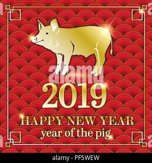 2019 Anno Nuovo Cinese. Anno del maiale. Illustrazione Vettoriale. Nuovo anno. Oro su rosso. Traduzione: suini Illustrazione Vettoriale