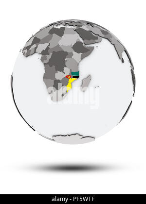 Mozambico con bandiera sul globo terrestre con ombra isolati su sfondo bianco. 3D'illustrazione. Foto Stock