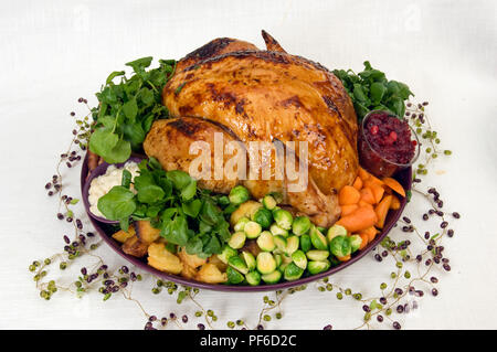 Un arrosto di tacchino di Natale con tutti i rifili, i cavoli di Bruxelles, pastinaca, salsa al pane, salsa di mirtilli etc, essendo servita da una donna bionda in rosso Foto Stock