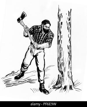 Lumberjack canadese con un'ascia. L'inchiostro bianco e nero illustrazione Foto Stock