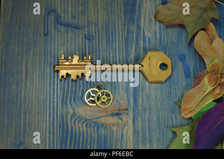 Close-up dal di sopra di un'annata golden key accanto alla piccola ruota dentata ingranaggi e foglie di autunno su un vecchio tavolo in legno Foto Stock
