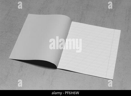 Scuola aperta notebook in una stretta linea con una barra per imparare l'ortografia mock up con copia spazio su uno sfondo grigio, foto in bianco e nero Foto Stock