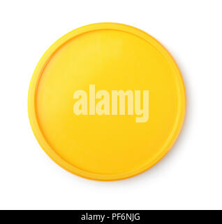 Vista superiore del giallo coperchio in plastica isolato su bianco Foto Stock