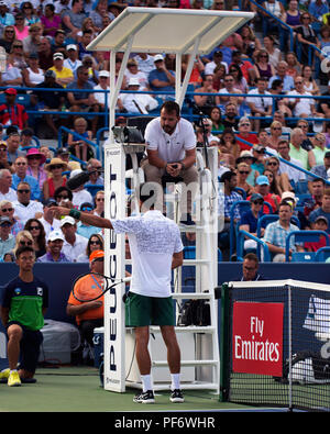 Mason, Ohio, Stati Uniti. 19 agosto 2018: Novak Djokovic sostiene una chiamata contro il presidente umpire Damien Dummusois (fra) durante la partita finale contro Roger Federer (sui) al Western Southern Open di Mason, Ohio, USA. Brent Clark/Alamy Live News Foto Stock