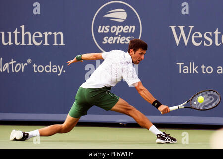 Mason, Ohio, Stati Uniti d'America. Agosto 19, 2018: Novak Djokovic (SRB) colpisce la palla a Roger Federer (SUI) a sud occidentali in aperto Mason, Ohio, Stati Uniti d'America. Brent Clark/Alamy Live News Foto Stock