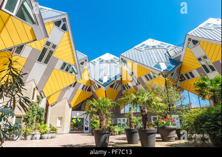 Bellissima piazza all'interno giallo case cubiche di Rotterdam, Paesi Bassi Foto Stock