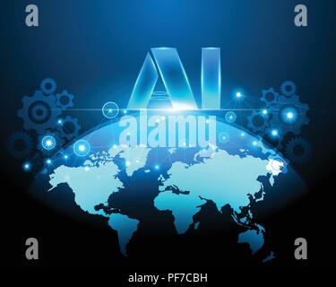 Mappa World Cyber internet connessione di rete business con lettera ai Digital intelligenza artificiale e simboli di circuito bigdata il concetto di sistema.Il vettore Illustrazione Vettoriale