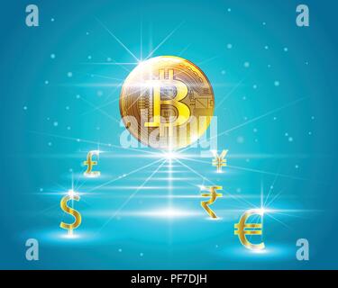 Golden bitcoin cryptocurrency digitale a Dollar,Euro,Rupia Indiana,British Pound,yuan cinese,Yen giapponese valuta il modello di business di concetti di exchange. V Illustrazione Vettoriale