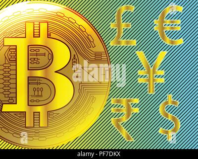 Golden bitcoin digital exchange cryptocurrency a Dollar,Euro,Rupia Indiana,British Pound,yuan cinese,Yen giapponese valuta il modello di business di concetti. V Illustrazione Vettoriale