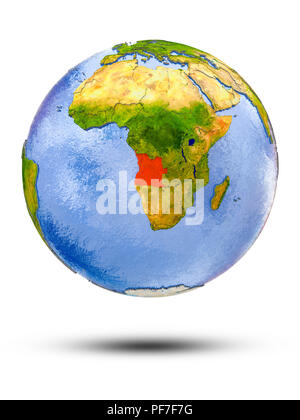 Angola sul globo terrestre con ombra isolati su sfondo bianco. 3D'illustrazione. Foto Stock