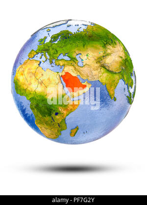 Arabia Saudita sul globo terrestre con ombra isolati su sfondo bianco. 3D'illustrazione. Foto Stock