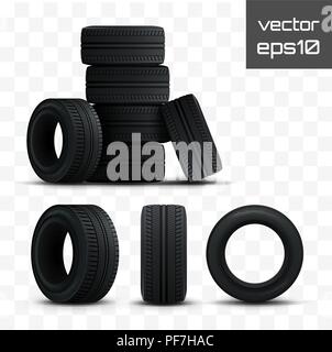 Serie di pneumatici. 3D realistici di pneumatici vettura isolato su bianco. Vettore Illustrazione Vettoriale