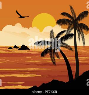 Bellissimo tramonto tropicale con palme, illustrazione vettoriale Illustrazione Vettoriale