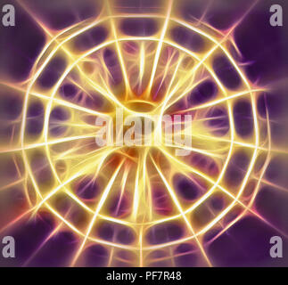 Da sotto la vista del lampadario Etched-Glass nella mia sala da pranzo tagliato con Chiara smussati e colorate con blu di vetro. Gli Illuminati Candle-Flame lampadine R Foto Stock