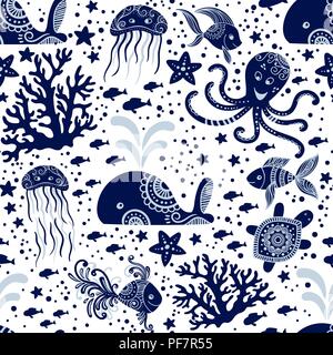 Modello senza cuciture con mare animali subacquei. Cartoon carino meduse, polpo, stelle marine e tartarughe. Sfondo marino per i bambini. Perfetto per la stampa tessile, design di tessuto e tessuto Illustrazione Vettoriale