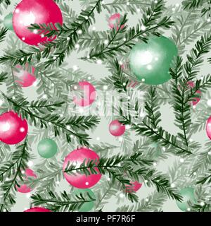Acquerello seamless pattern con abete rami e palle di Natale Foto Stock