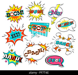 Set di fumetto discorso bolla con iscrizione: boom, wow, cosa, bang, omg, aah, braccio, crash, hi, fresco. Raccolta di vettore di cartoon esplosioni e cloud Foto Stock