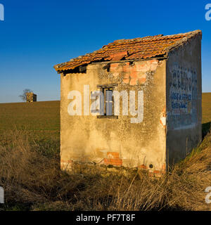 Capanna abbandonata nel mezzo di campi, Limagne pianura, Puy de Dome, Auvergne, Francia Foto Stock