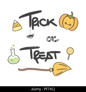 Carino Dolcetto o scherzetto disegnati a mano scritte vettore con una zucca per la Festa di halloween invito, poster, striscioni, carta Illustrazione Vettoriale