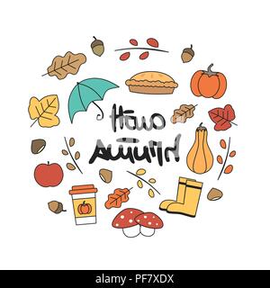 Cartoon carino modello di cerchio con disegnati a mano scritte ciao autunno testo, ghiande, ombrello, gomma, Apple, torta di zucca, castagne, foglie e mushroo Illustrazione Vettoriale